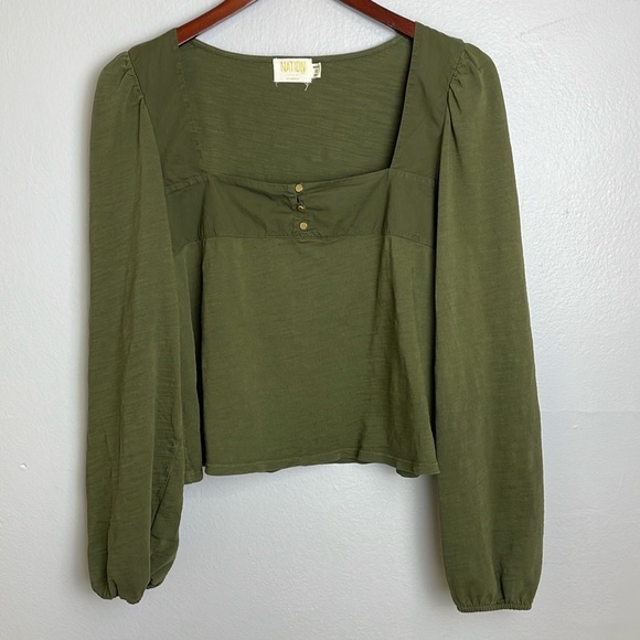 Nation LTD Tops - NATION LTD Pascale Square Neck Top Cropped Blouse Puff Sleeve Golden Button SzM